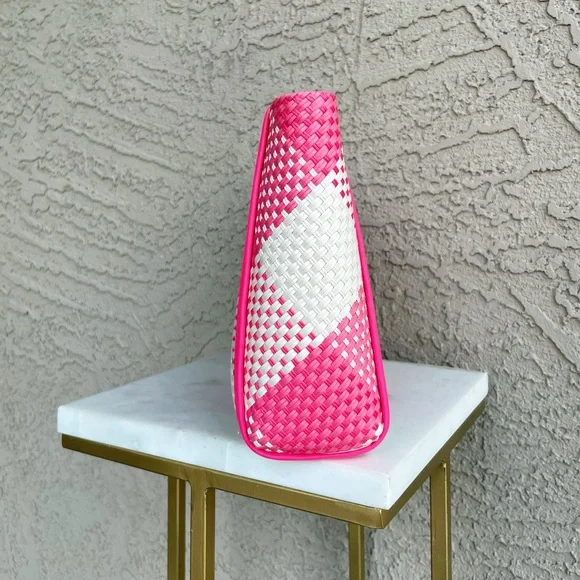 KATE SPADE Pink & White Plaid Gingham Alexia Woven Clutch Crossbody Bag